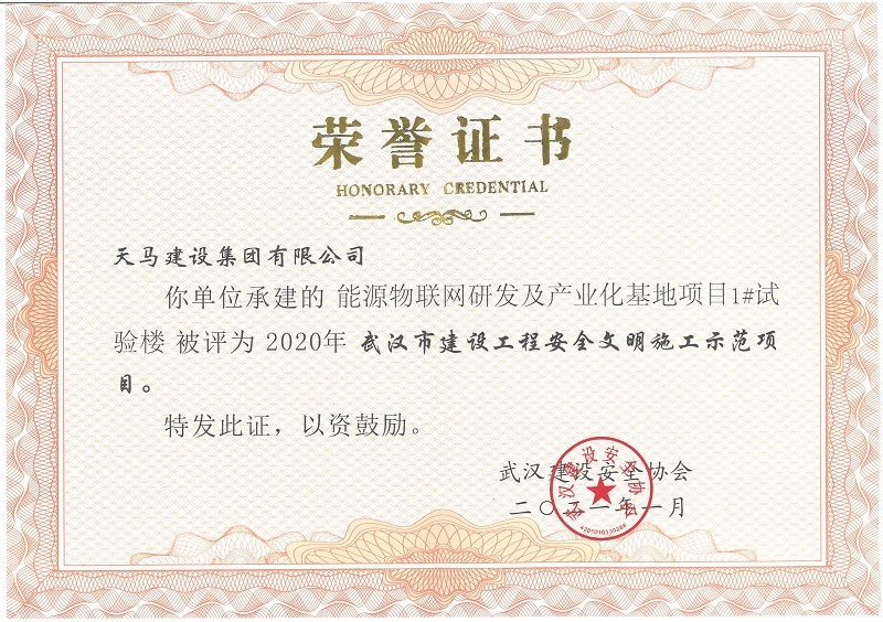 2020年武漢市建設工程安全文明施工示范項目（能源物聯(lián)網(wǎng)研發(fā)及產業(yè)化基地項目1#實驗樓）